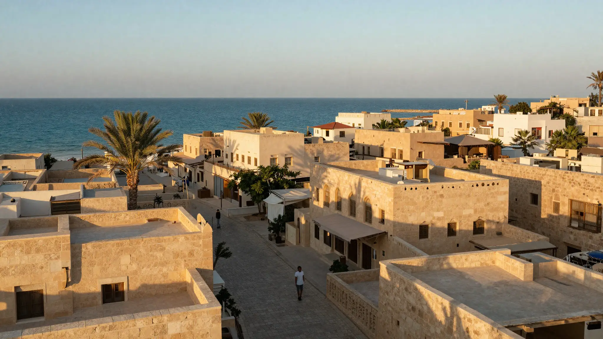 منظر جوي لمدينة ساحلية عربية قديمة عند الغروب يجسّد جمال السياحة والسفر واكتشاف الوجهات